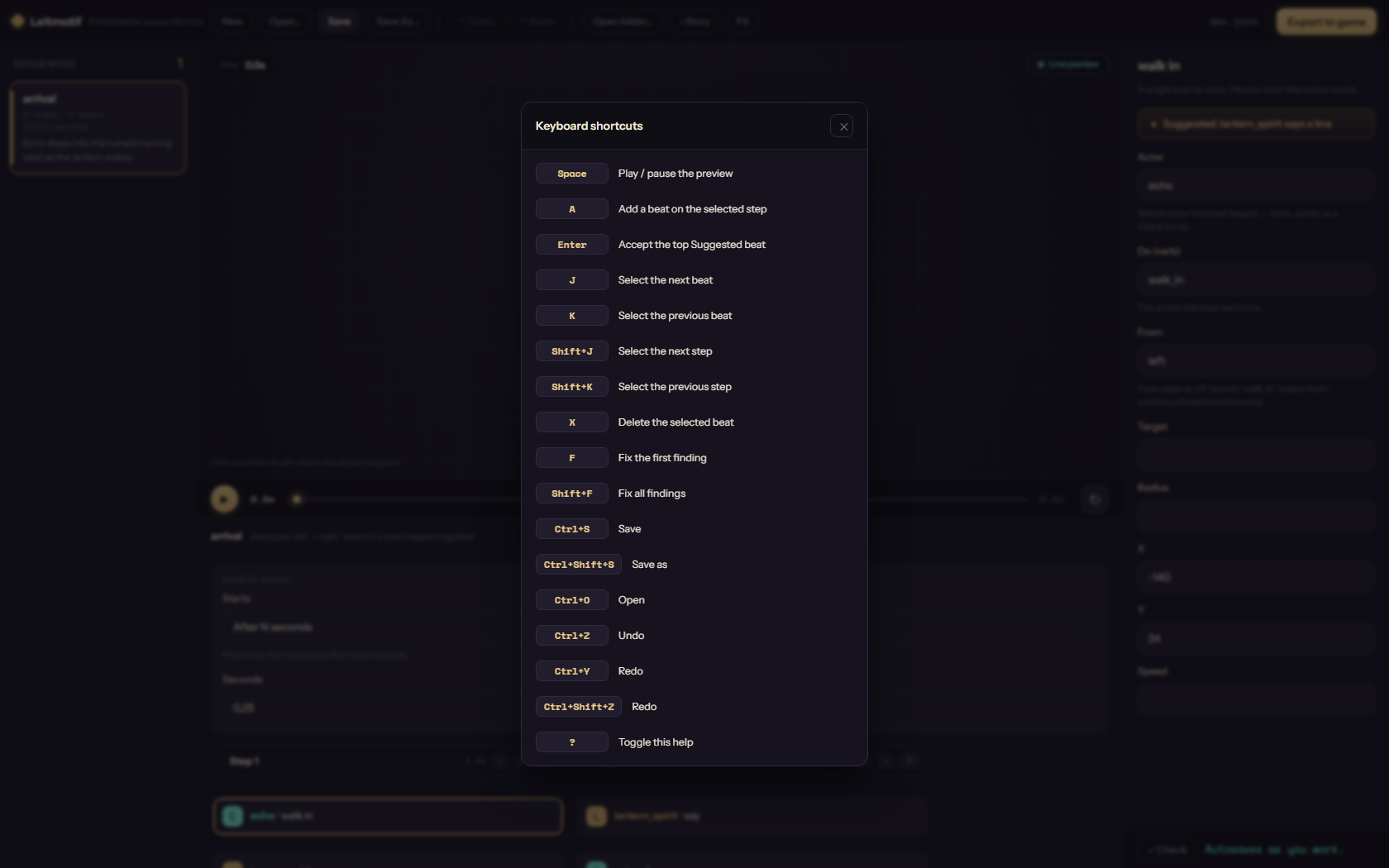 Leitmotif keyboard shortcuts overlay